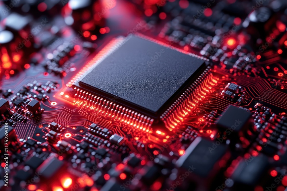 Close-up view of a computer motherboard displaying intricate circuitry and vibrant red lighting at a technology lab Close-up view of a computer motherboard displaying intricate circuitry and vibrant red lighting at a technology lab