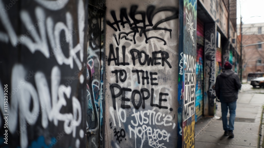 Naklejka premium Graffiti-covered alleyway showcasing social justice messages in an urban environment
