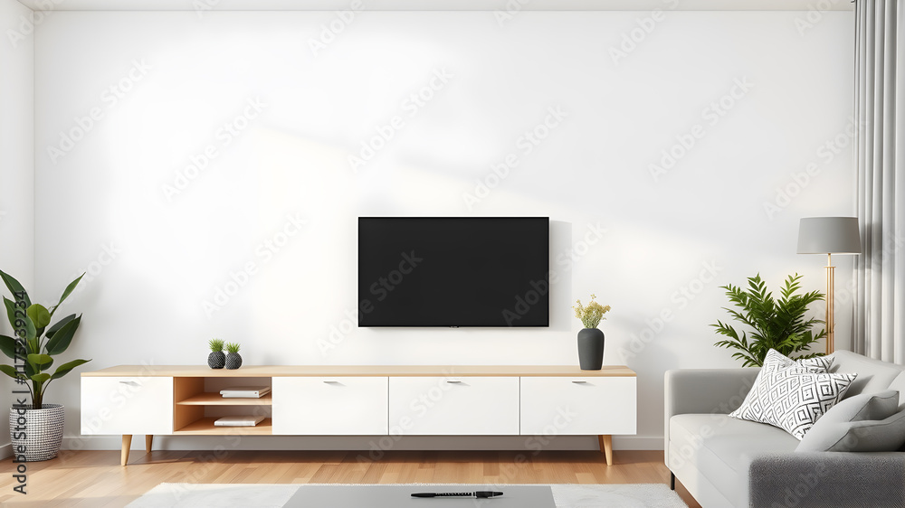 Obraz premium Mockup minimalist a cabinet television wall mounted with decoration in living room and white wall. Generative AI