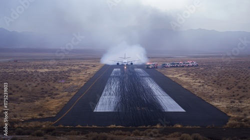 Emergency Landing - Plane with Smoking Engine Banking to Land, Emergency Vehicles on Standby at Airstrip Edge photo