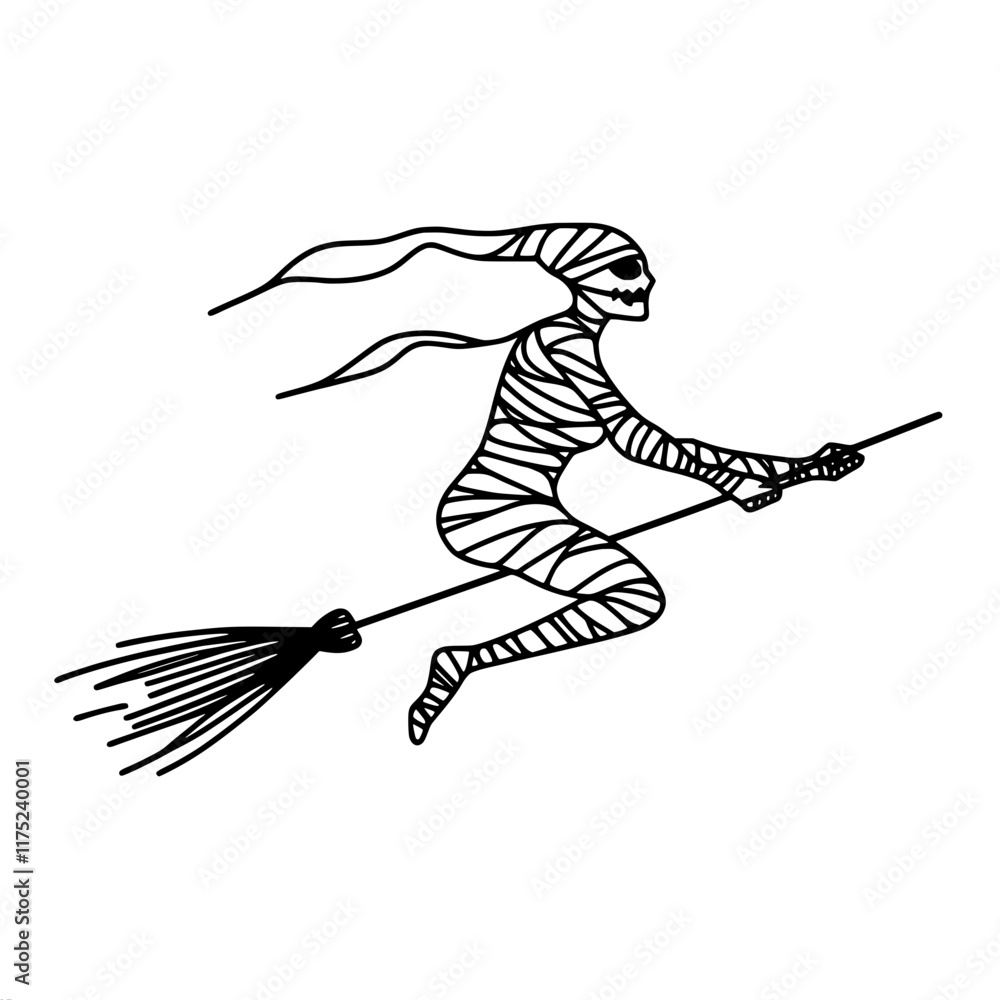 Fototapeta premium Mummy witch flying on broomstick - spooky halloween illustration, single line vector outline drawing