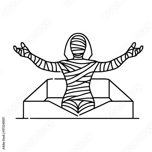 Abstract line art of mummified figure seated with raised arms, single line vector outline drawing