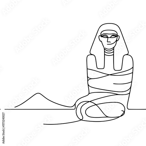 Abstract line drawing of ancient egyptian mummy with hieroglyphic elements , single line vector outline drawing