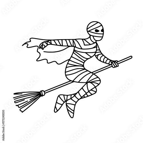 Mummy witch flying on broomstick with cape halloween line art drawing, single line vector outline drawing