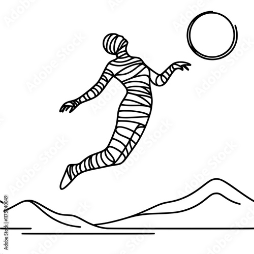 Line art of mummified figure jumping with sun and mountains in background, single line vector outline drawing