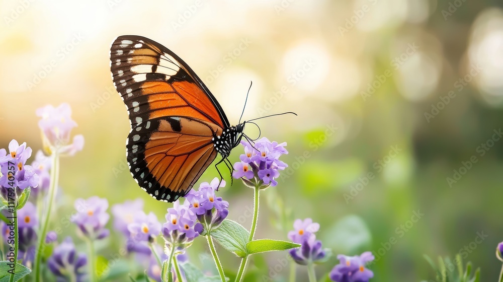 Fototapeta premium Beautiful butterfly on purple flower in green meadow scene