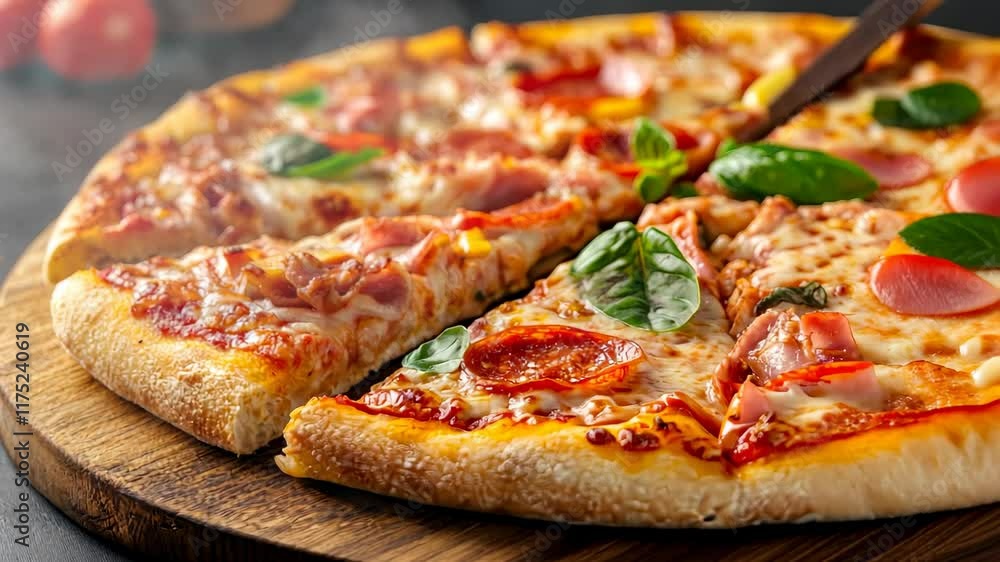 Delicious pepperoni pizza topped with fresh basil on a wooden board in a cozy kitchen setting Delicious pepperoni pizza topped with fresh basil on a wooden board in a cozy kitchen setting