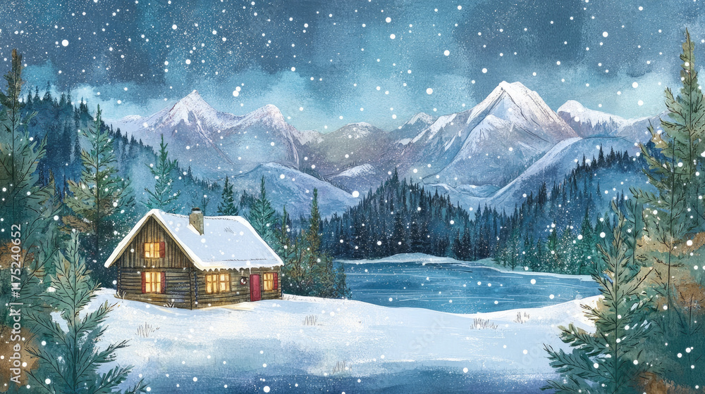 Fototapeta premium Serene Winter Landscape with Cozy Cabin and Snowy Mountains