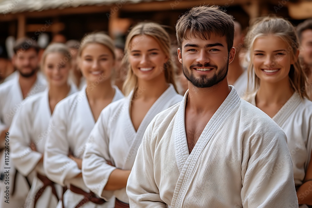 Obraz premium Confident Karateca and Students in Serene White Gi