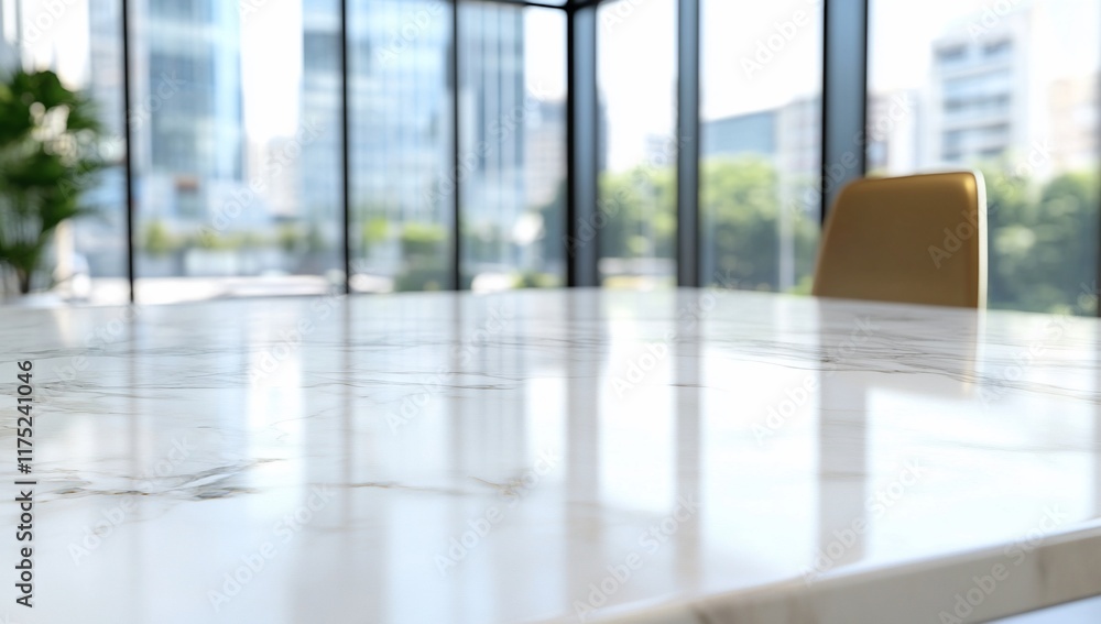 A modern office space with a marble table and city view. A modern office space with a marble table and city view.