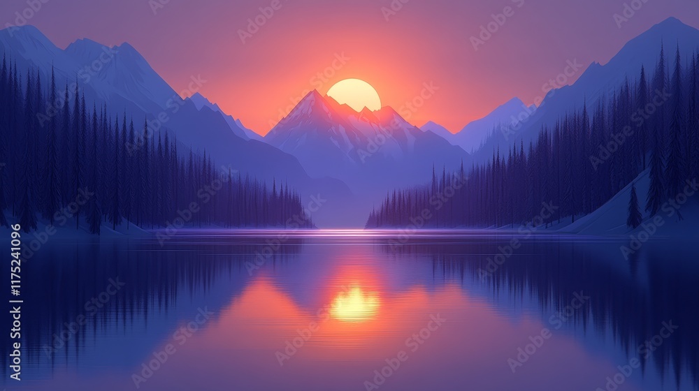 Serene Sunset Over Still Mountain Lake, Reflected in Calm Waters Serene Sunset Over Still Mountain Lake, Reflected in Calm Waters