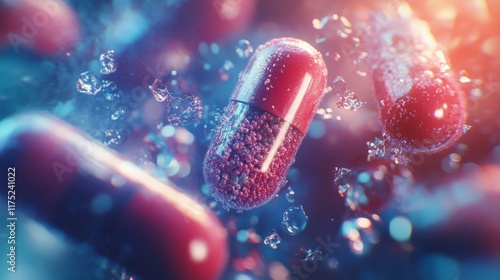 Red capsule with water close up