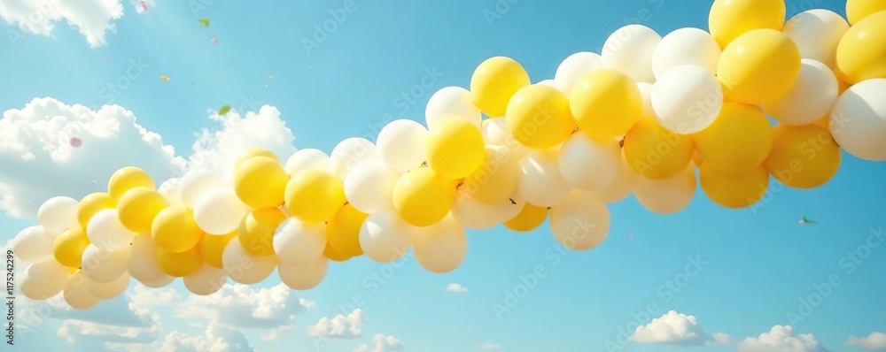 A whimsical column of white and yellow balloons swaying gently in the breeze, playful, ethereal, breezy A whimsical column of white and yellow balloons swaying gently in the breeze, playful, ethereal, breezy