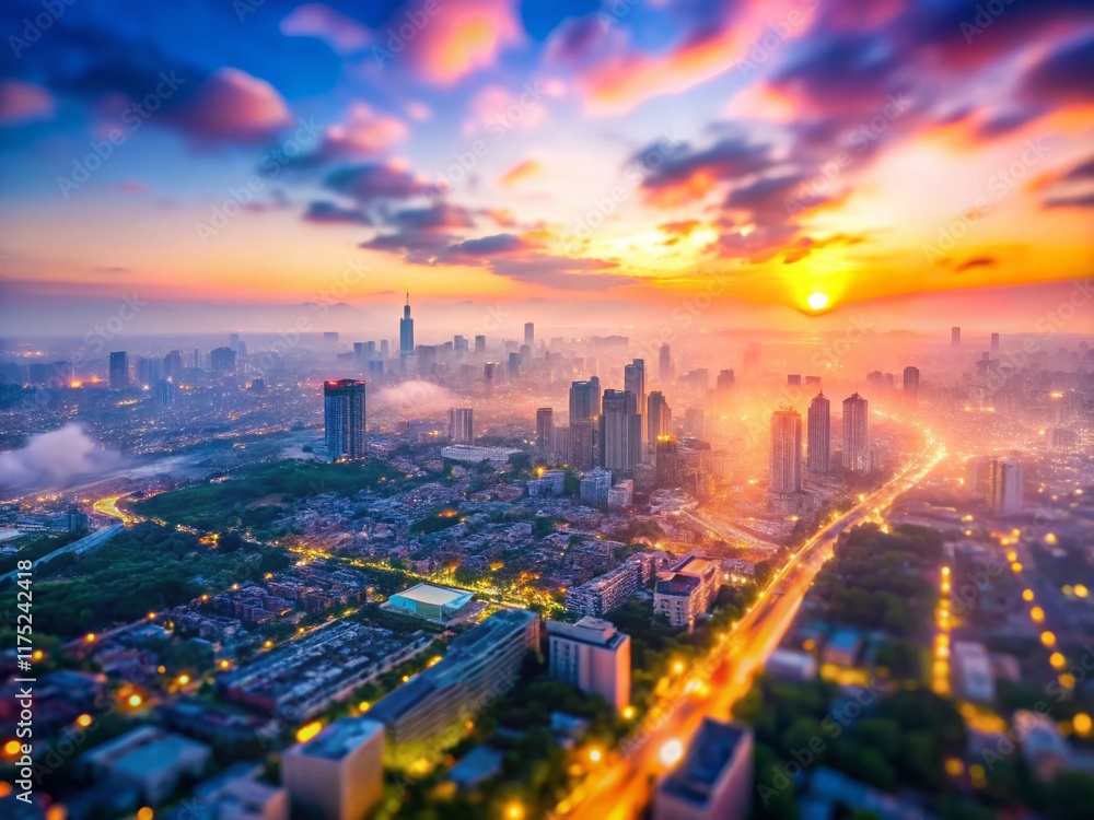 Fototapeta premium Soft Light Aerial Photography: Blurred Cityscape at Dawn