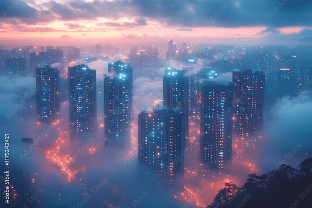 Fototapeta premium City skyline illuminated at dusk with mist and clouds enveloping skyscrapers