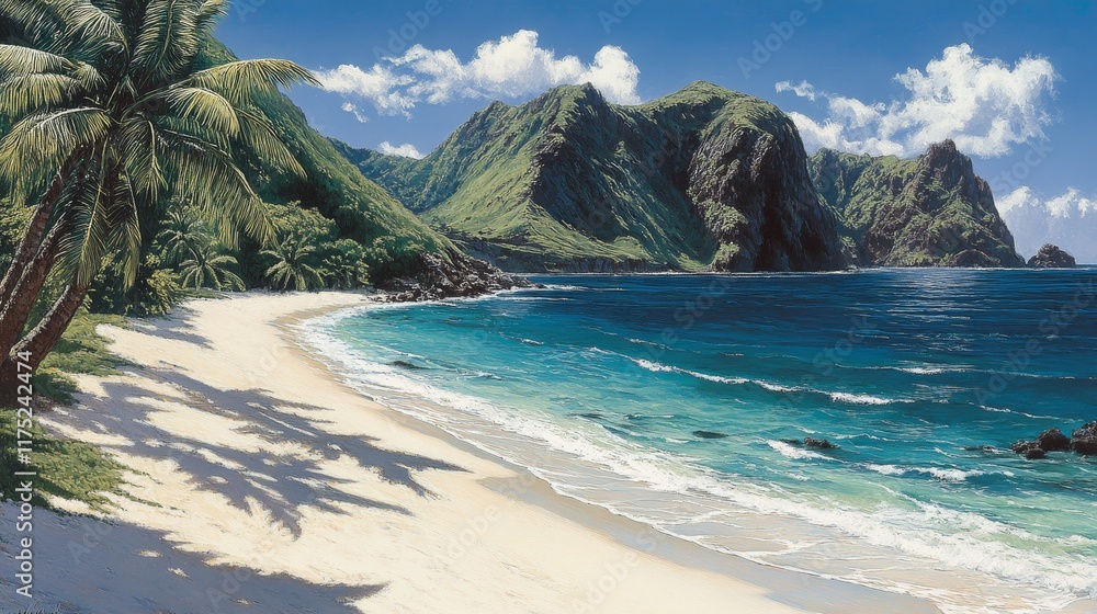 Serene Tropical Beach Cove with Lush Greenery and Dramatic Cliffs under a Sunny Sky Serene Tropical Beach Cove with Lush Greenery and Dramatic Cliffs under a Sunny Sky