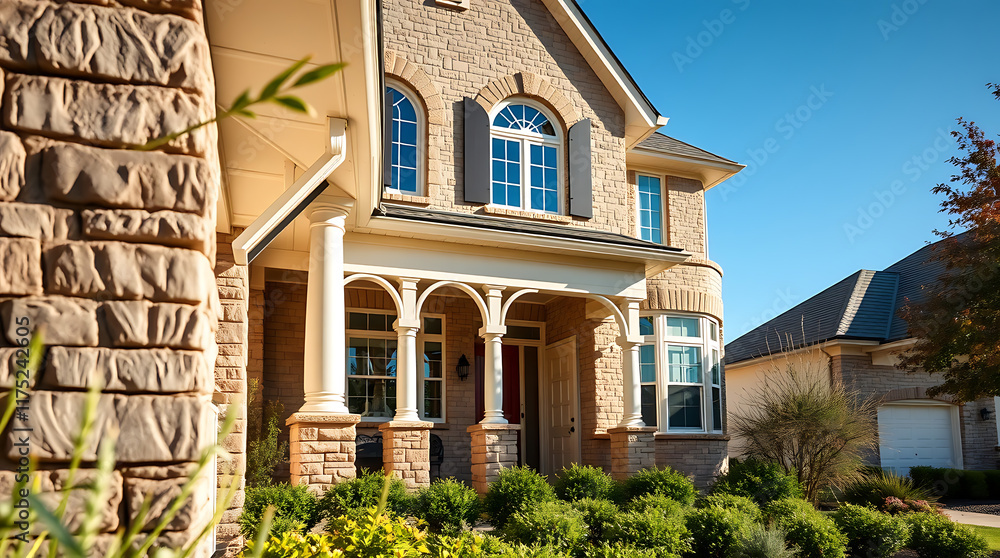 Two-Story House with Stone Facade and Covered Porch Two-Story House with Stone Facade and Covered Porch