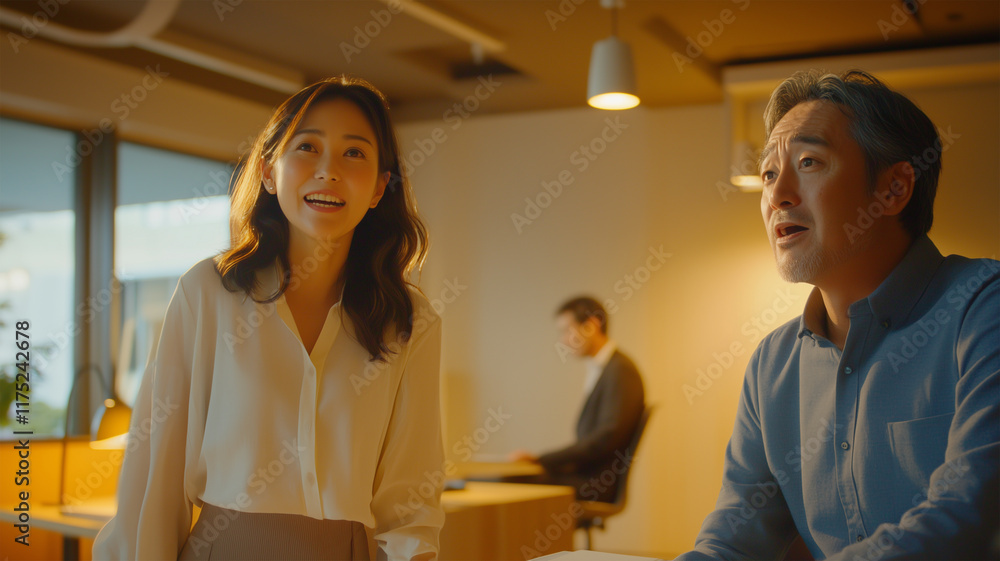 明るいオフィスで退職祝いのスピーチを交わす日本人男女 明るいオフィスで退職祝いのスピーチを交わす日本人男女