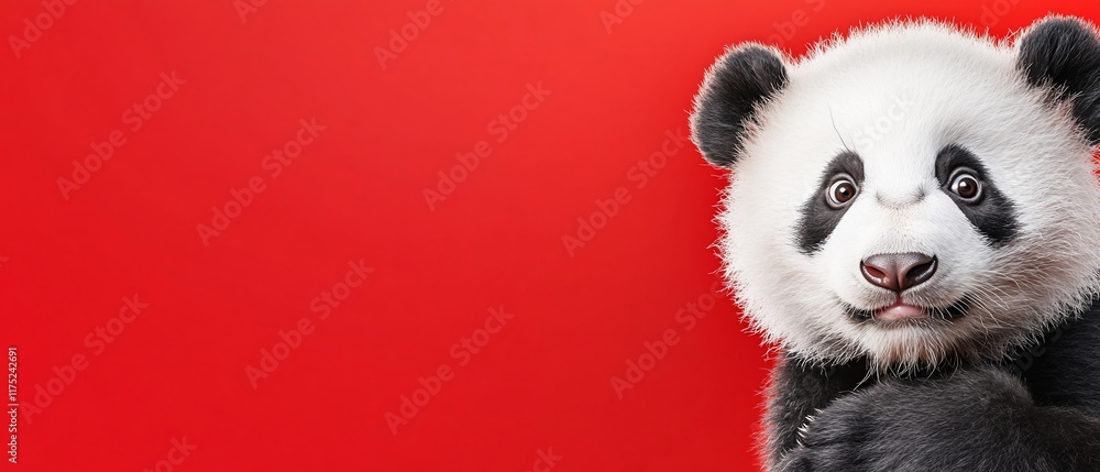 A cute panda against a bright red background, evoking playful emotions. A cute panda against a bright red background, evoking playful emotions.