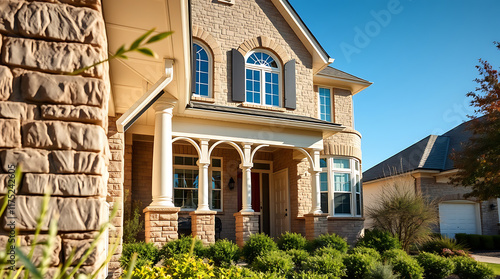 Fototapeta Naklejka Na Ścianę i Meble -  Two-Story House with Stone Facade and Covered Porch