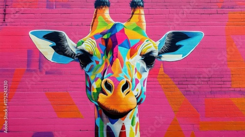 A colorful mural on a brick wall depicts a vibrant, geometric giraffe. photo