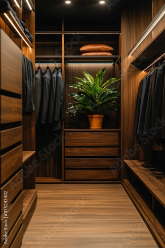 Stylish interior of a modern walk-in closet with organized clothing and plants photo