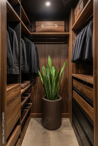 Stylish closet design showcasing modern storage solutions and greenery photo