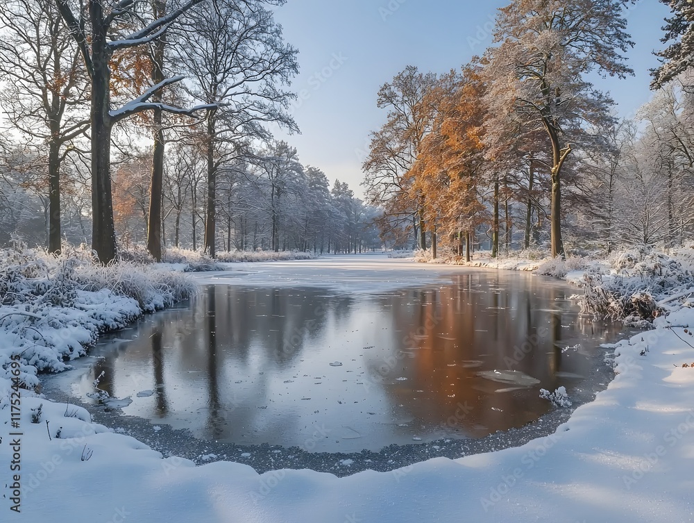 Serene Frozen Winter Landscape with Snowy Forest and Reflective Pond Serene Frozen Winter Landscape with Snowy Forest and Reflective Pond