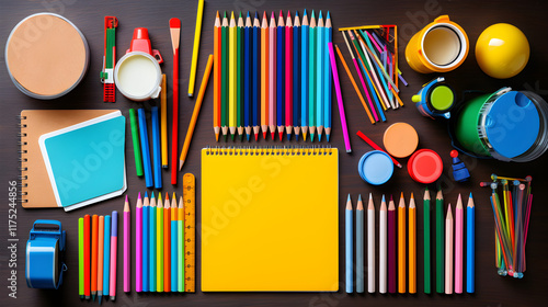 An Artful Arrangement of New HB School Supplies Ready for Use on a Wooden Desk photo