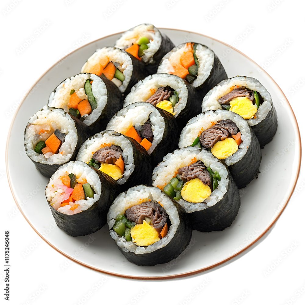 Slices of kimbap (Korean sushi rolls) isolated die cut Slices of kimbap (Korean sushi rolls) isolated die cut