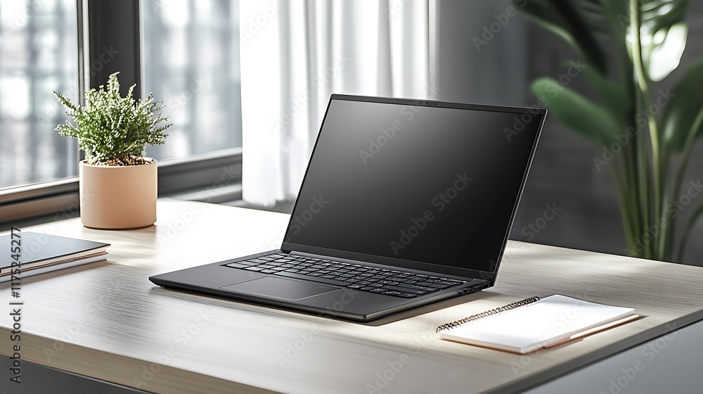 Modern Laptop on Desk Near Window with Plant Modern Laptop on Desk Near Window with Plant