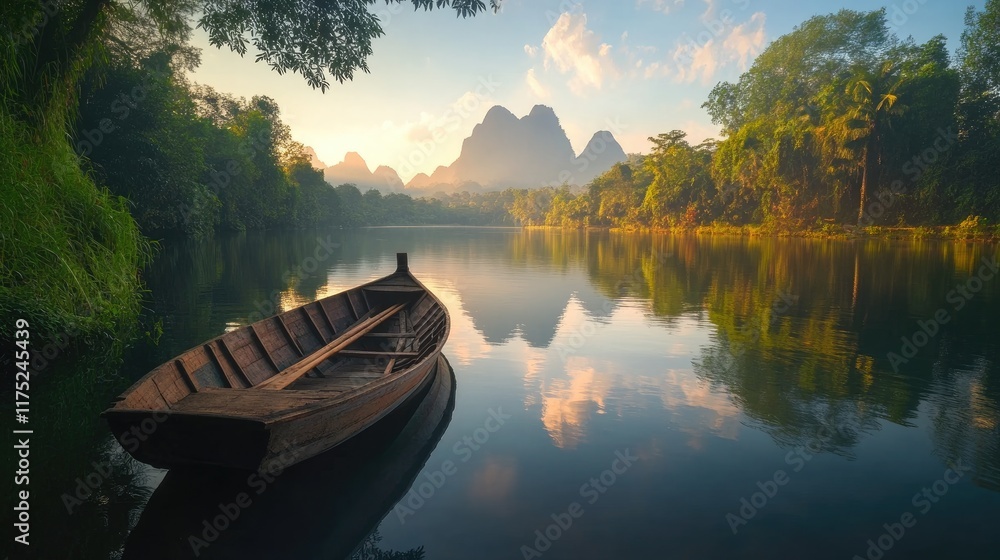 Serene Sunrise Over Calm River With Wooden Boat Serene Sunrise Over Calm River With Wooden Boat
