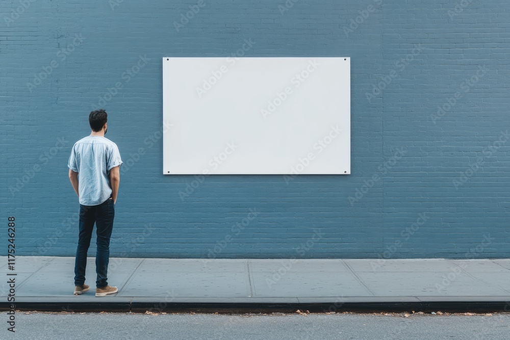 Man looking at a blank billboard on a city wall. Man looking at a blank billboard on a city wall.