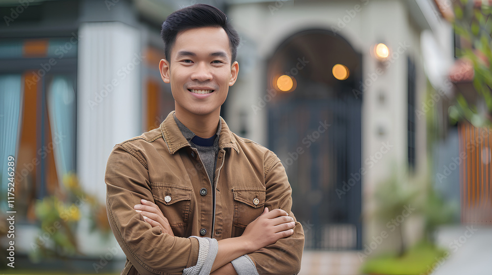 Fototapeta premium Man with a brown jacket and a black and white striped necktie is smiling