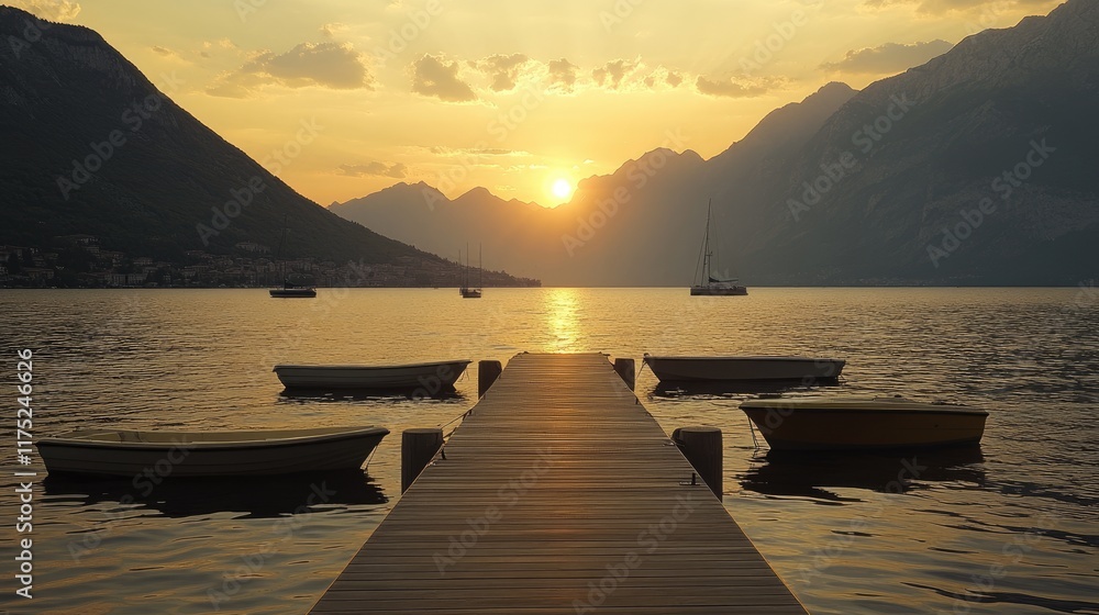 Obraz premium Sunset Over Lake With Boats And Wooden Dock