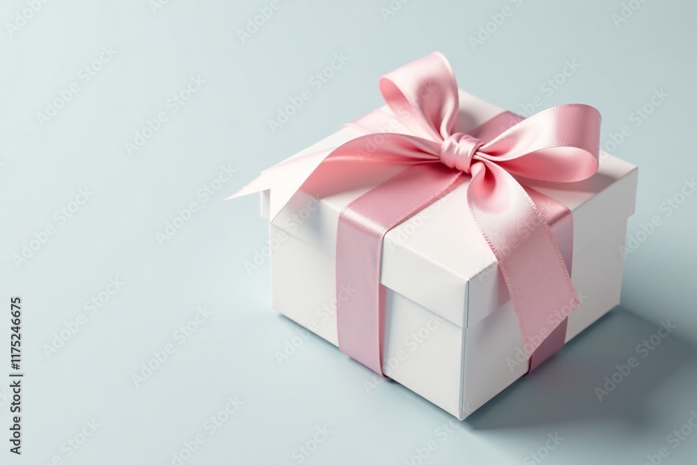 Fototapeta premium Delicate white gift box with a soft pink ribbon tied in a bow, decorative, present