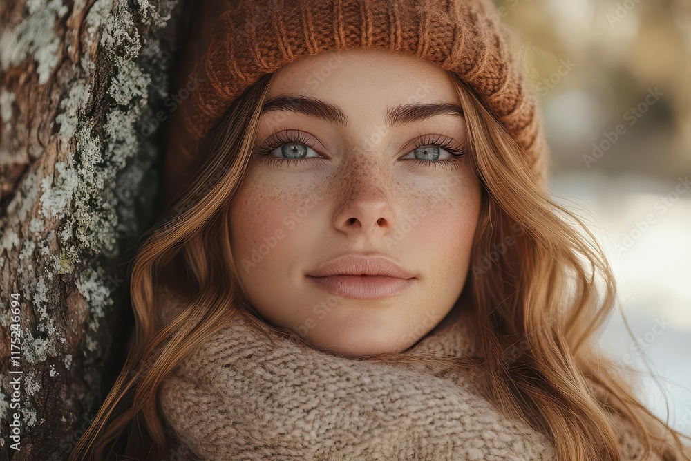 a woman adorned in a stylish hat and scarf leaning against a sprawling tree dappled sunlight filtering through leaves creates a serene and cozy atmosphere a woman adorned in a stylish hat and scarf leaning against a sprawling tree dappled sunlight filtering through leaves creates a serene and cozy atmosphere