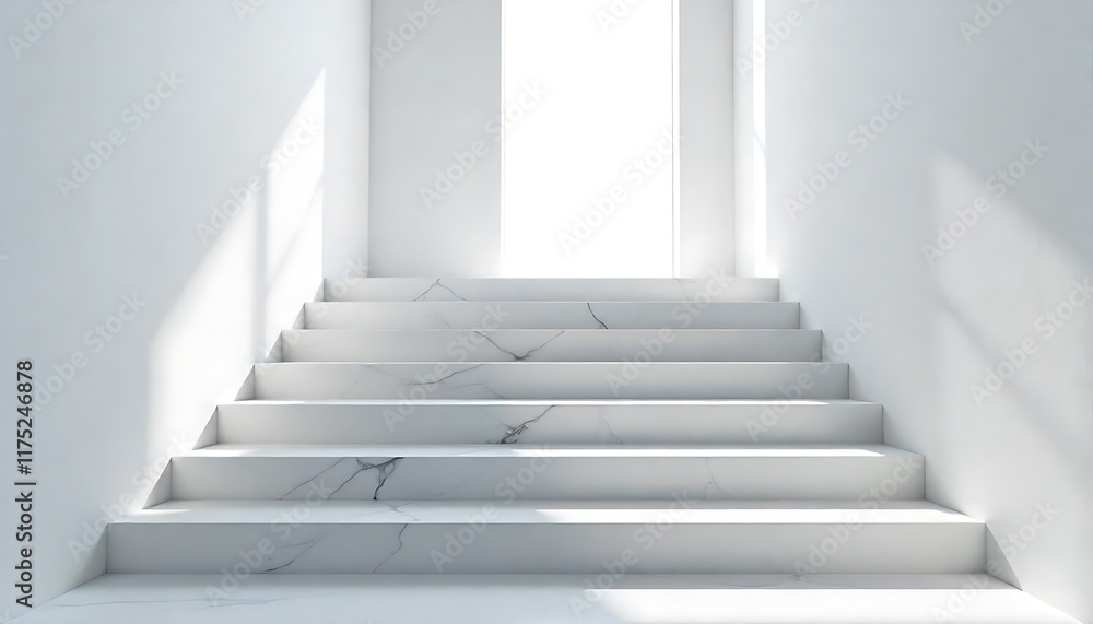 Fototapeta premium Modern white marble staircase with natural light, minimalist and elegant design white stair case, created with generative ai