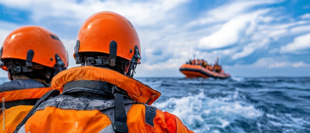 Life-saving rescue concept. Rescue workers observing a lifeboat in rough seas under a dramatic sky. Life-saving rescue concept. Rescue workers observing a lifeboat in rough seas under a dramatic sky.