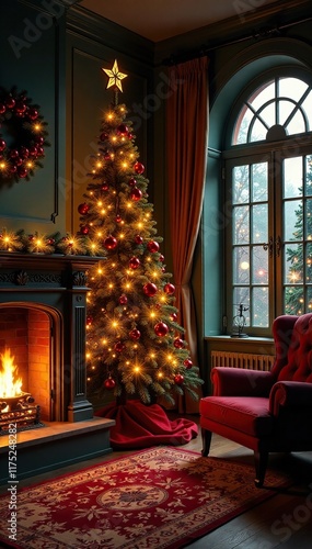 Wallpaper Mural Firelit room with a majestic Christmas tree and warm lighting, holiday decoration, festive ambiance, evergreen trees Torontodigital.ca
