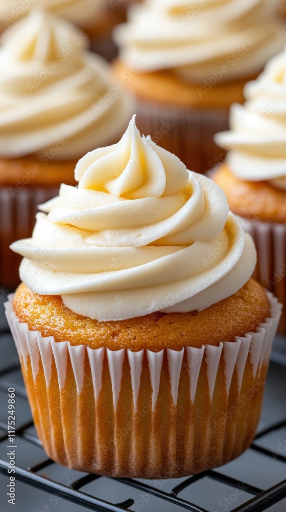 Delicious vanilla cupcakes with creamy frosting on a cooling rack Delicious vanilla cupcakes with creamy frosting on a cooling rack