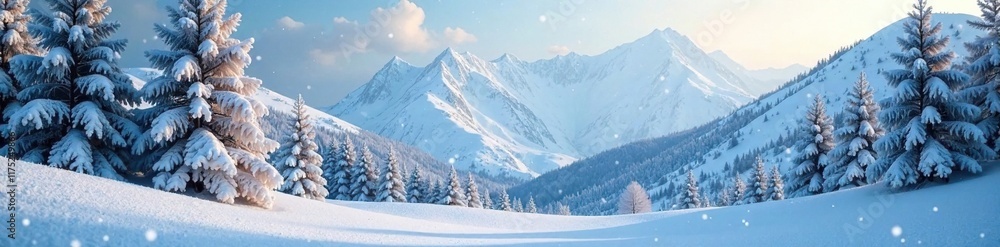 Fototapeta premium Frosty trees with snowflakes falling amidst winter landscape, snowy mountains, snowflake