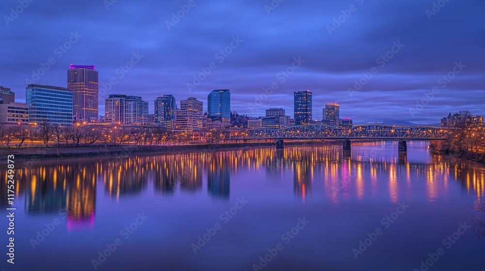 Fototapeta premium City Skyline Reflected In Calm River Water At Dusk