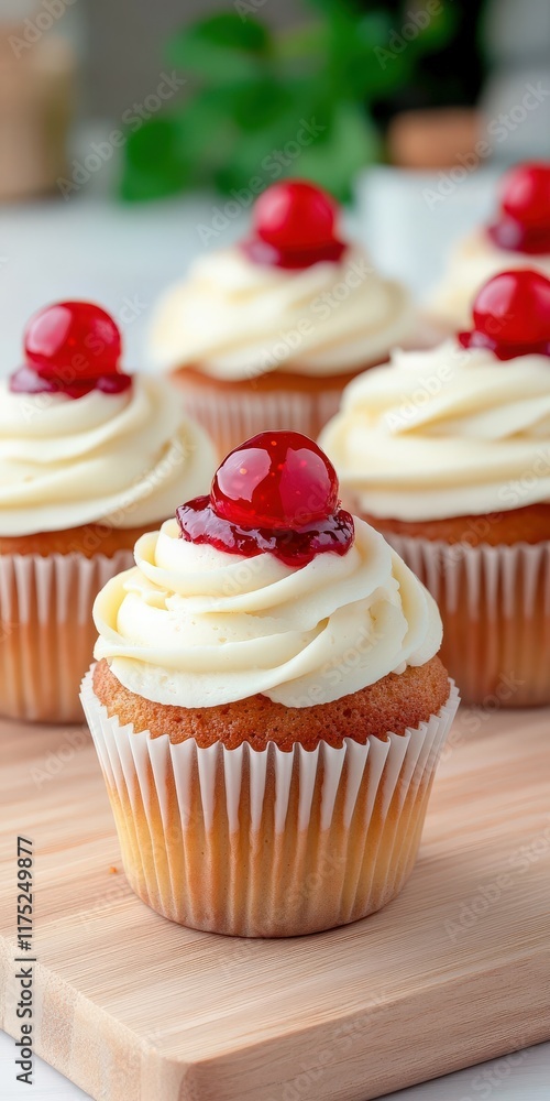 Delightful cupcakes with cherry topping on a wooden tray in a bright kitchen Delightful cupcakes with cherry topping on a wooden tray in a bright kitchen
