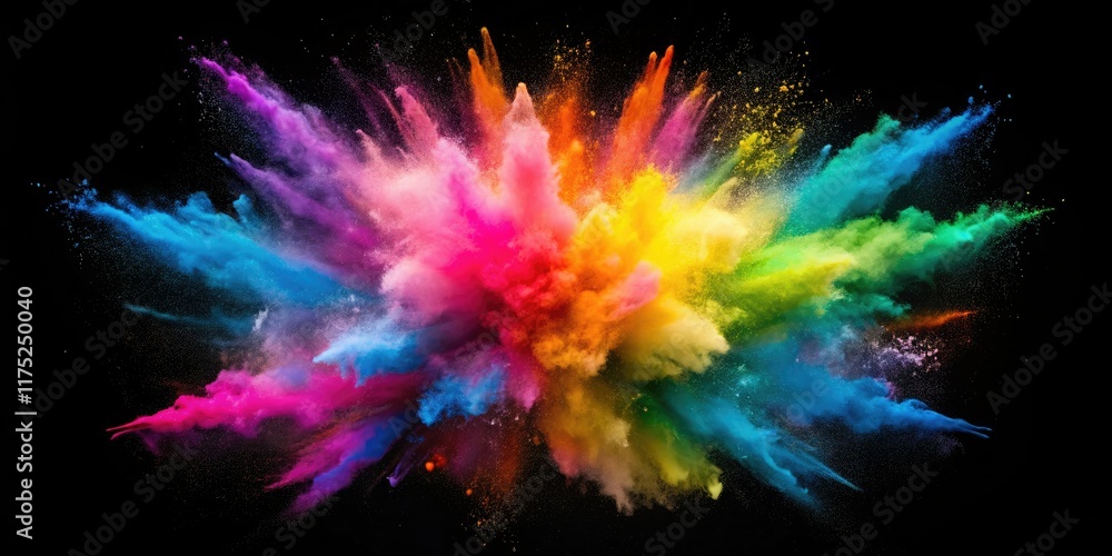 Fototapeta premium Vibrant powder explodes against a minimalist black backdrop, creating a colorful, dynamic dust cloud.