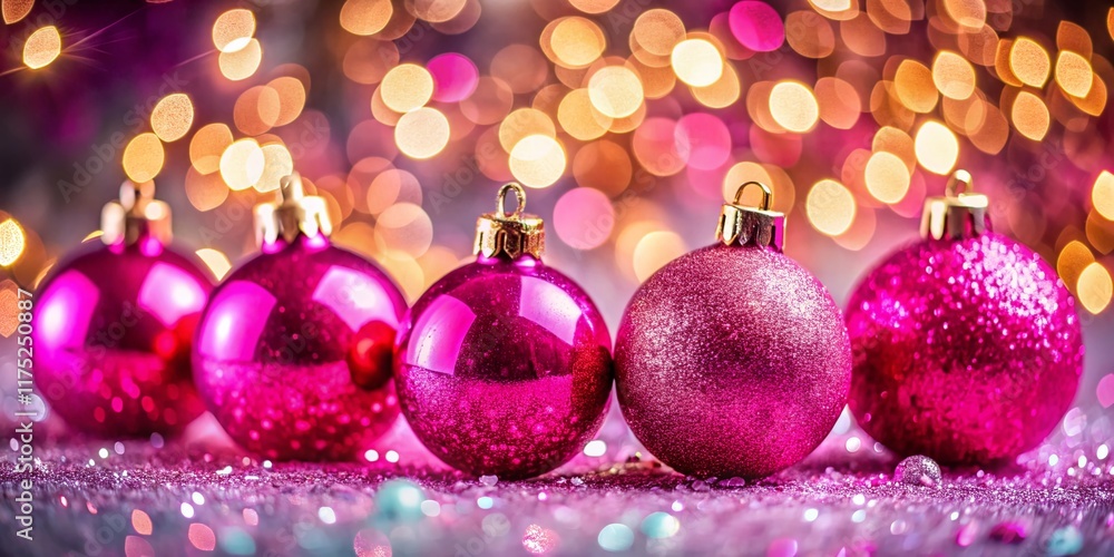 Sparkling Pink Christmas Baubles on Soft Surface with Bokeh Lights Sparkling Pink Christmas Baubles on Soft Surface with Bokeh Lights