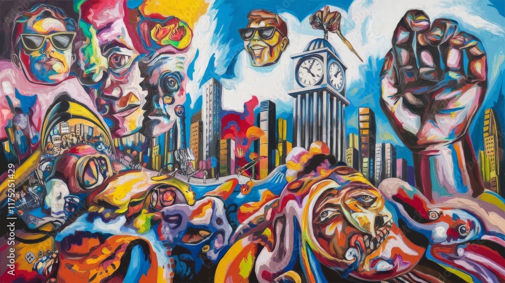 Fototapeta premium Surrealist abstract mural with colorful elements and symbolism