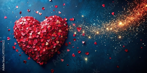 Sparkling Sequined Heart with Red Pajek on Blue Background - Top View photo