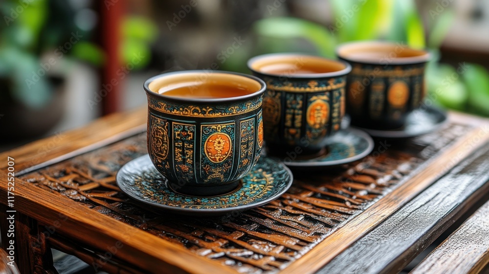 Three ornate tea cups on a wooden tray, surrounded by greenery, suggesting a serene tea experience. Three ornate tea cups on a wooden tray, surrounded by greenery, suggesting a serene tea experience.
