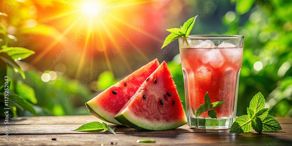 Sparkling Summer Drink & Watermelon Double Exposure: Refreshing Nature Scene Sparkling Summer Drink & Watermelon Double Exposure: Refreshing Nature Scene